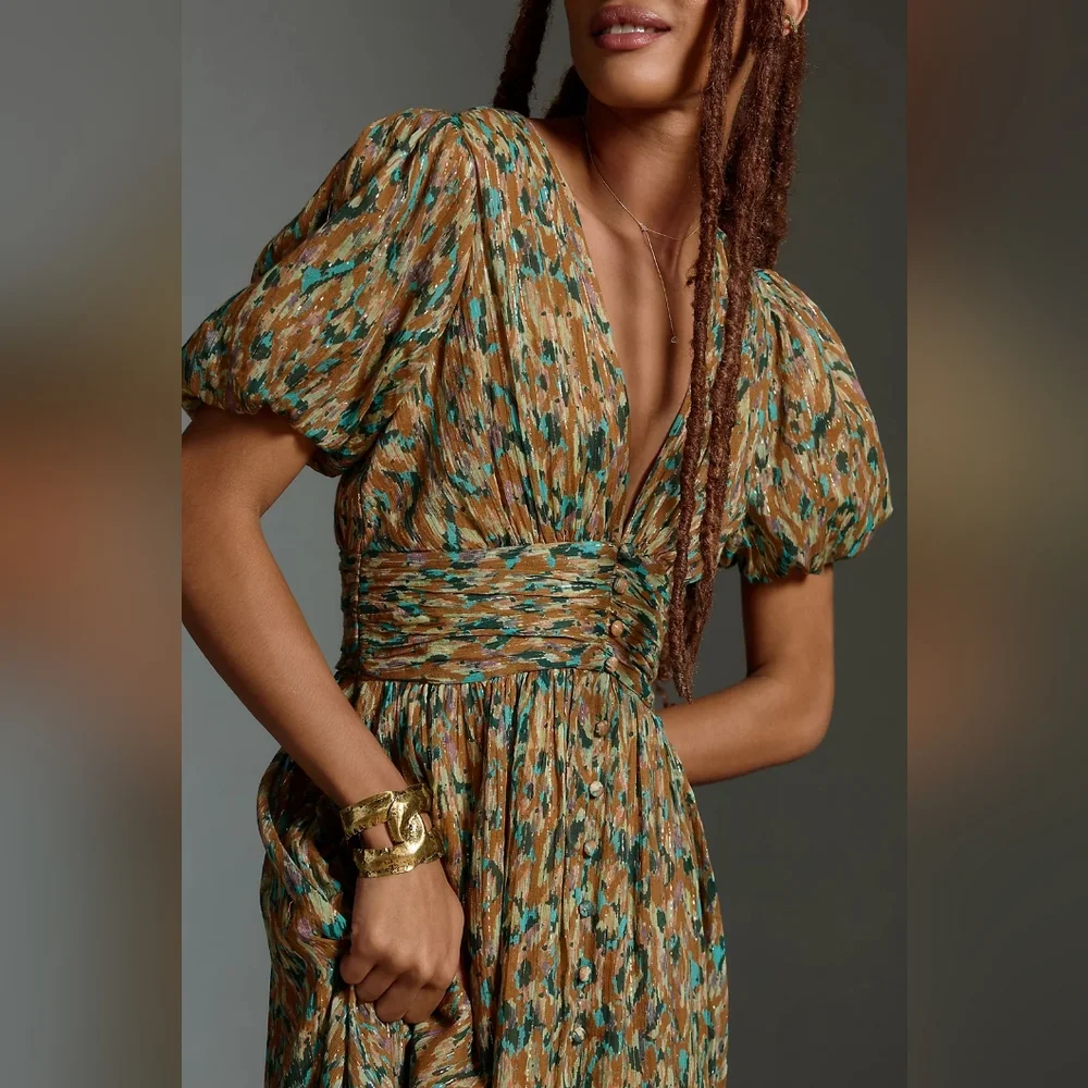 NWT By Anthropologie The Katerina Lurex Button Front Neutral Midi Dress Size 2 - Picture 2 of 16